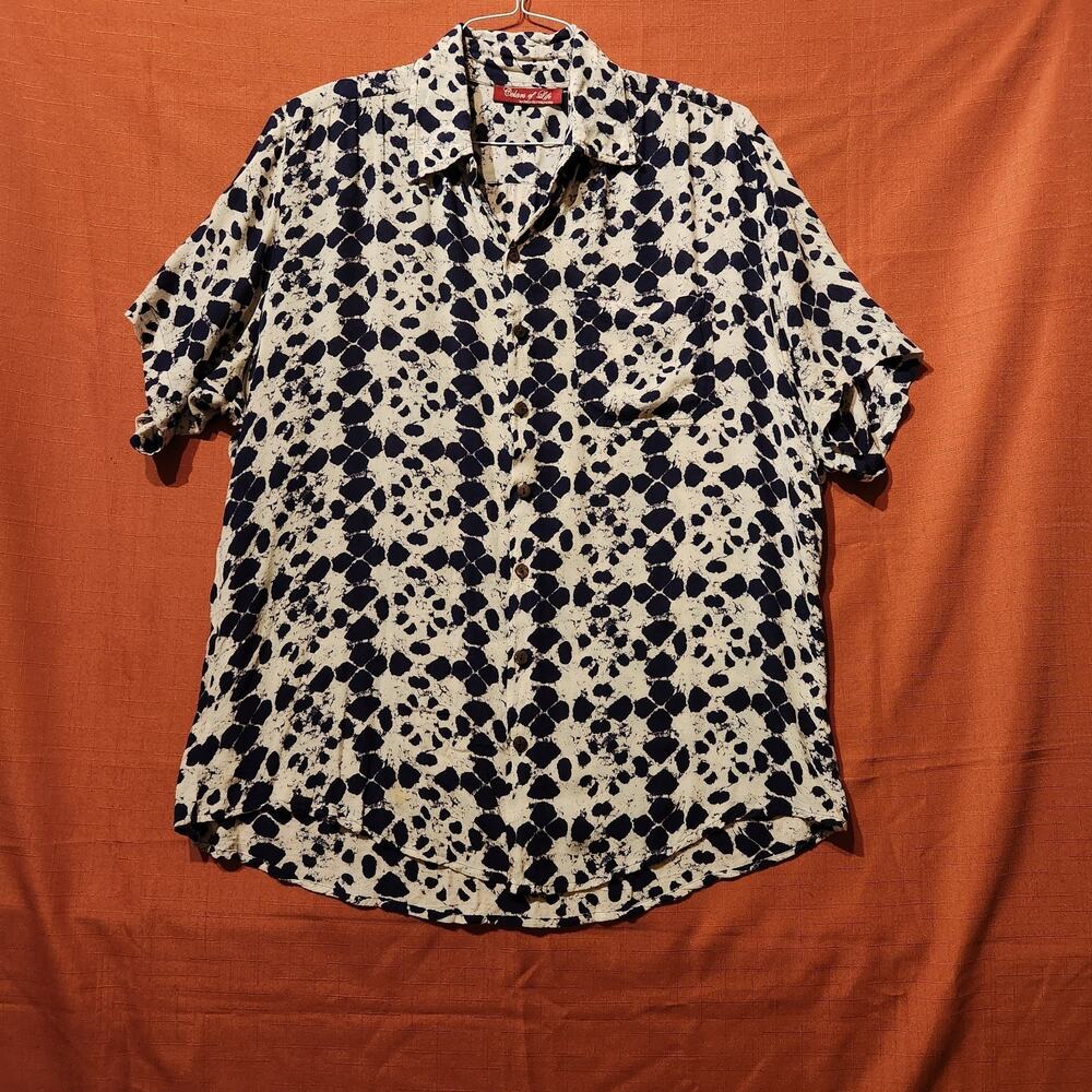 Colors Of Life Sz L Vintage Hawaiian Blue & White Abstract Short Sleeve